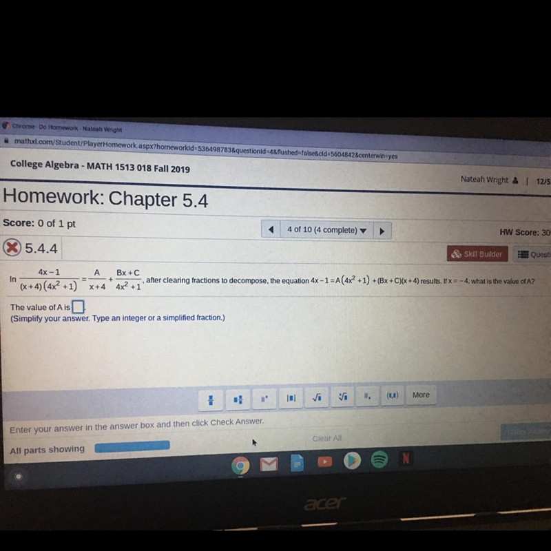 [4x -1/ (x+4) (4x² +1)]= [A\ x+ 4]+ [Bx+C\ 4x² + 1] after clearing fractions to decompose-example-1