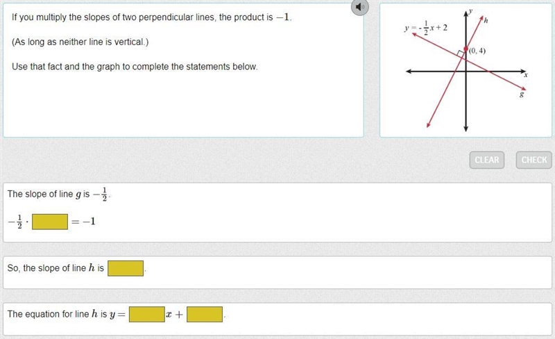 If you multiply the slopes of two perpendicular lines, the product is −1. (As long-example-1