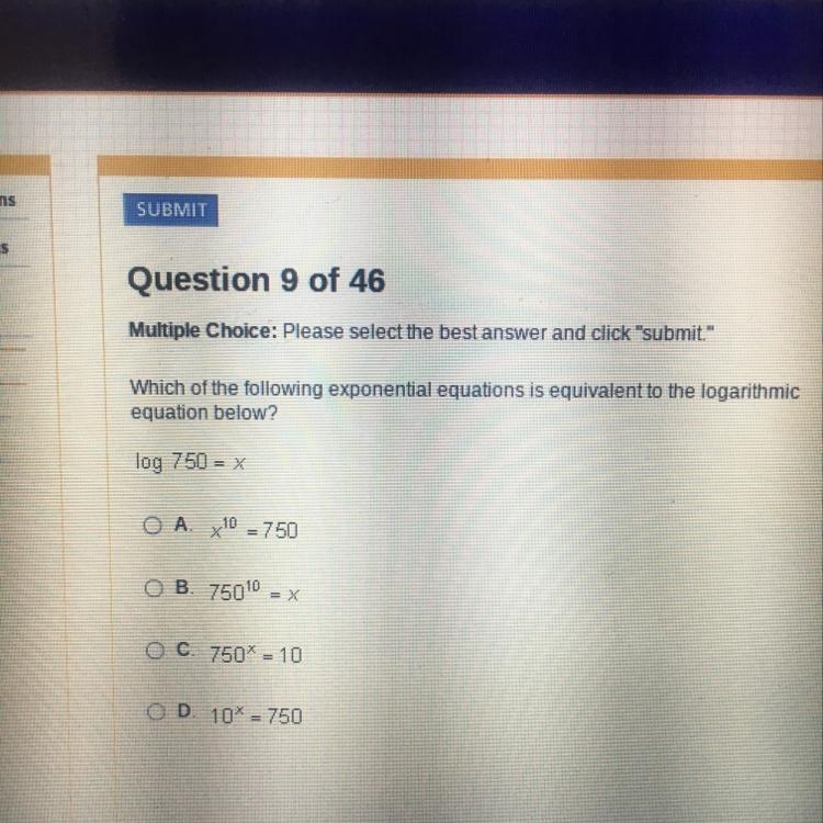 Which of the following exponential equations is equivalent to the logarithmic equation-example-1