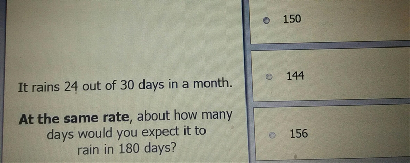 At the same rate, about how many days will you expect it to rain in 180 days?-example-1