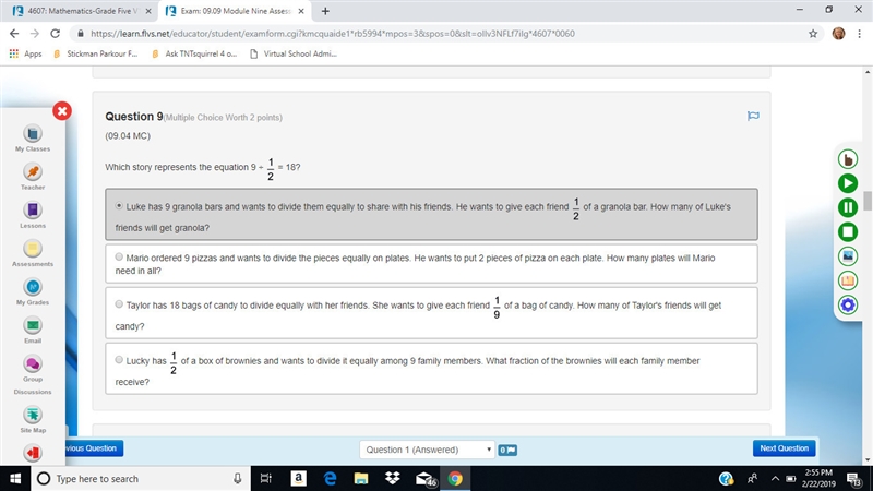 Which story represents the equation 9 ÷ one half = 18?-example-1