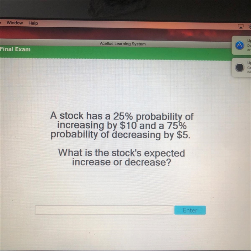 A stock has a 25% probability of increasing by $10 and a 75% probability of decreaing-example-1