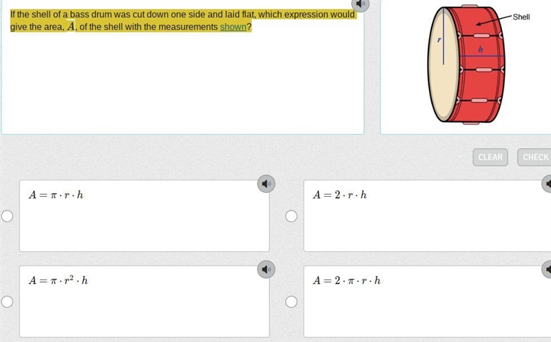 help plz( If the shell of a bass drum was cut down one side and laid flat, which expression-example-1