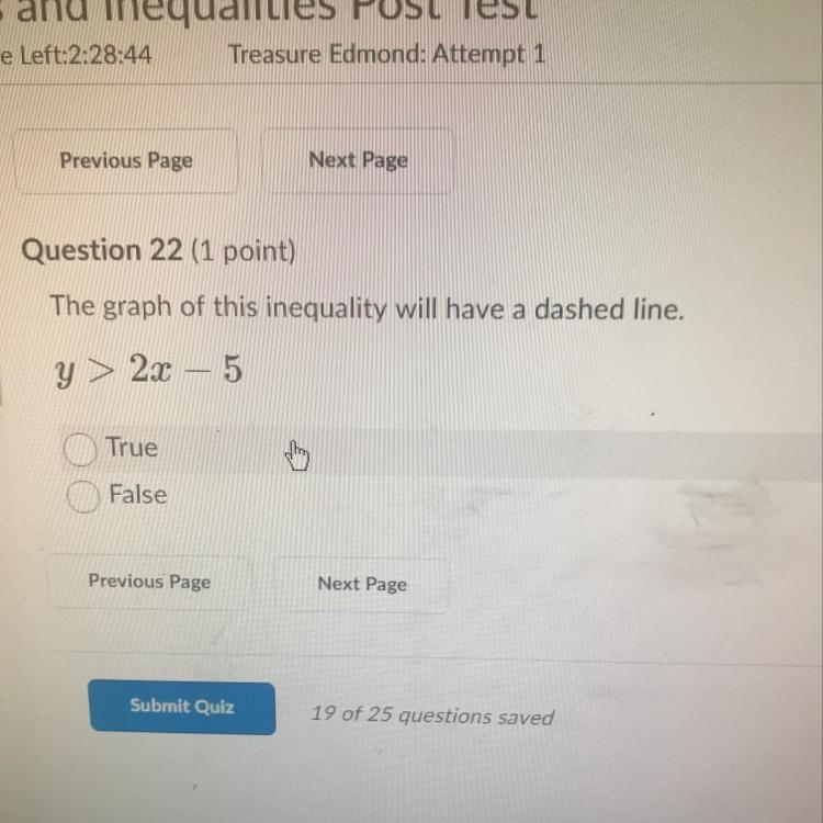 The graph of the inequality will have a dashed line y> 2x -5-example-1