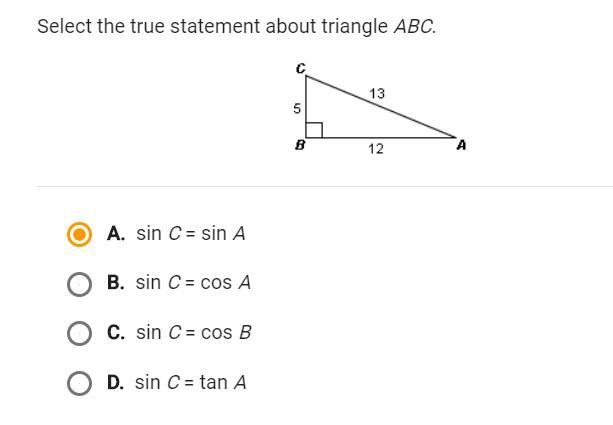 Select the true statement about triangle ABC. Need answer asap-example-1