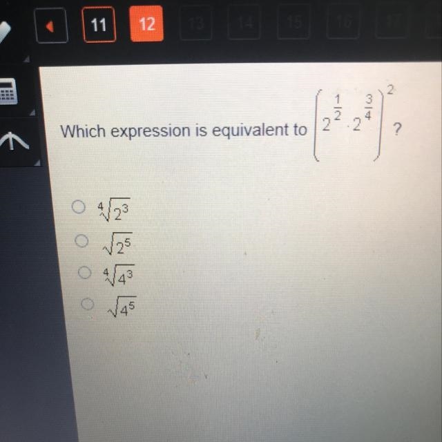 Which expression is equivalent to (2^1/2 2^3/4)^2-example-1