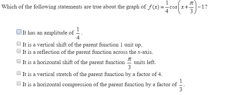 Which of the following statements are true about the graph of f (x) = 1/4 coz ( x-example-1