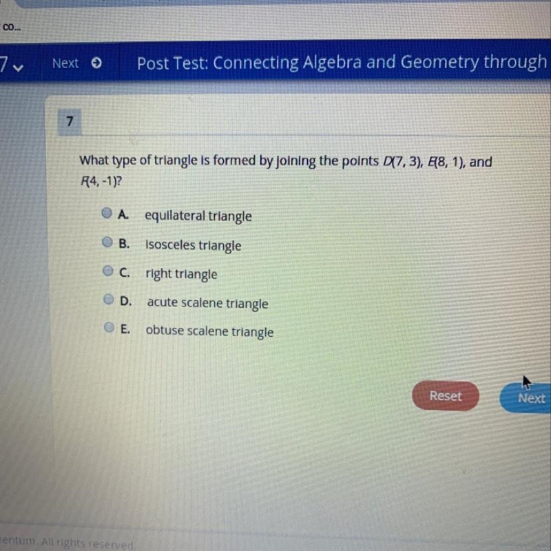 What type of triangle is formed by joining the points D17, 3), E8, 1), and F4,-1)?-example-1