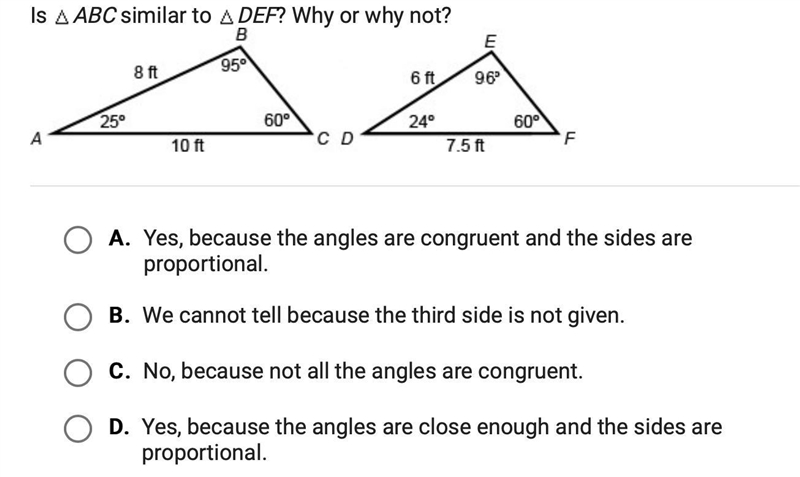 Is triangle ABC similar to triangle DEF? why or why not?-example-1