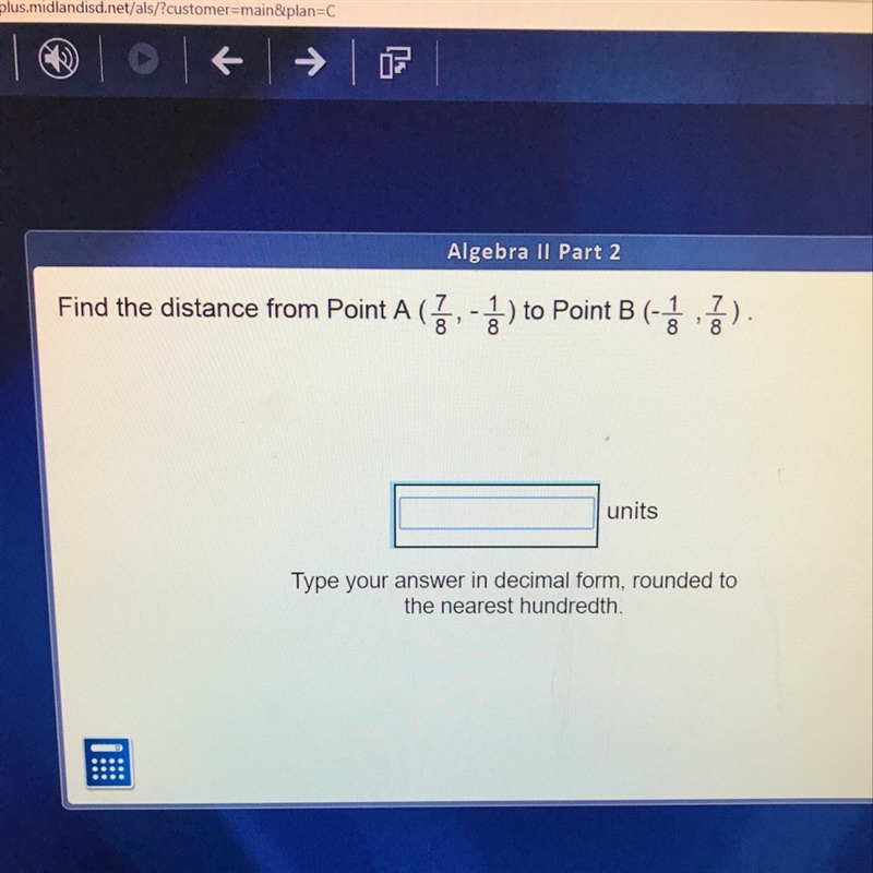 Distance from point A(7/8, -1/8) to point b (-1/8, 7/8)-example-1