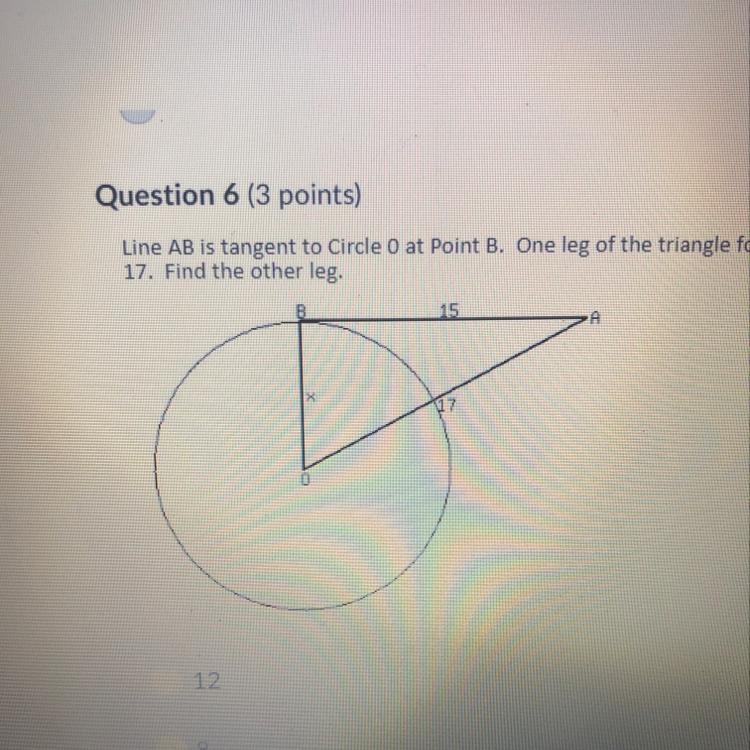 Line AB is tangent to circle 0 at point B. One leg of the triangle formed measures-example-1