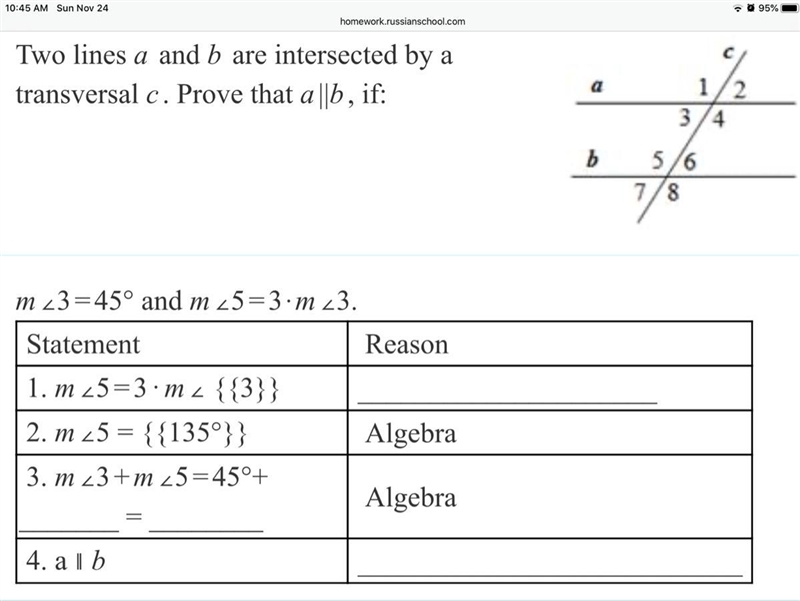 Two lines a and b are intersected by a transversal c prove that a//b, if NEED IN 15 min-example-1