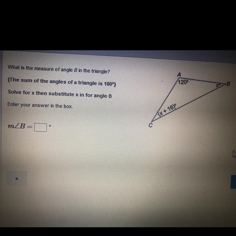 What’s the angle of B in the triangle?-example-1