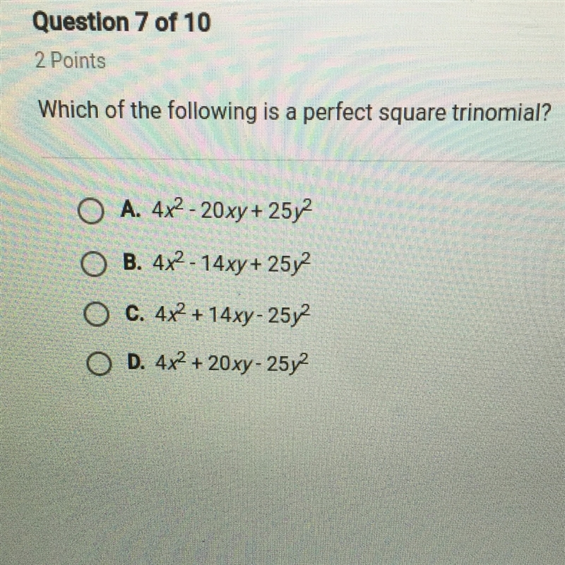 Which of the following is a perfect square trinomial ?-example-1