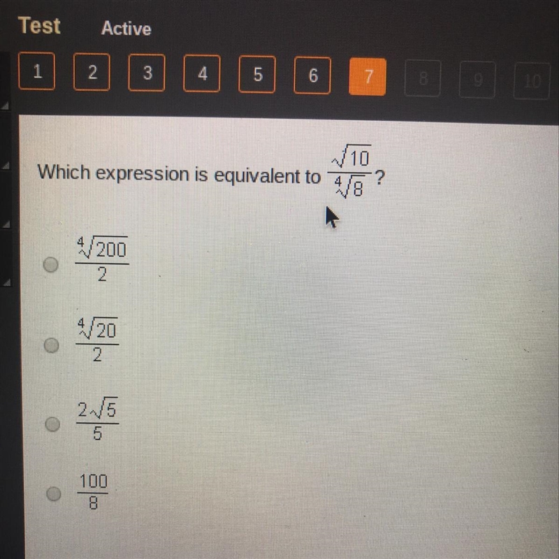 Which expression is equivalent to sqrt 10 / 4 sqrt 8-example-1