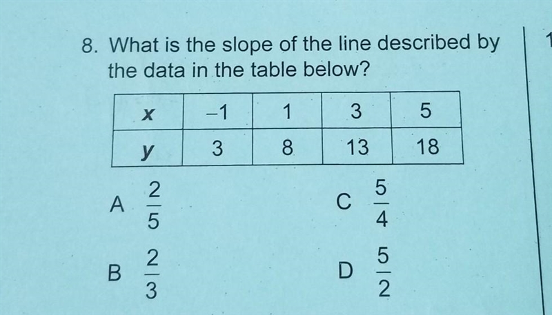 What is the slope of the line described by the data in the table below? A 2/5 B 2/3 C-example-1