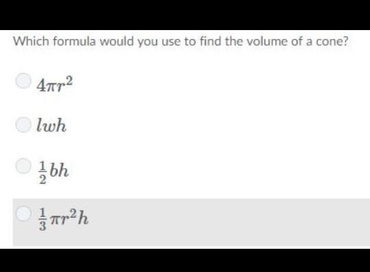 Which formula is used to find the volume of a cone ​-example-1