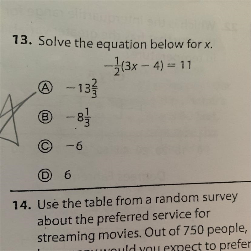 Solve the equation below for x. -1/2 (3x-4)=11-example-1