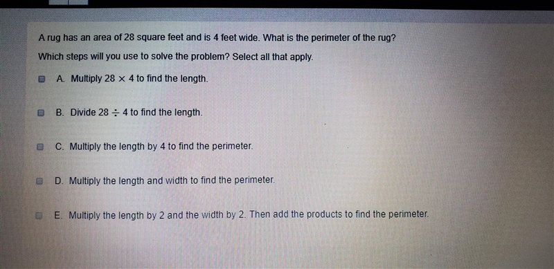 a rug has an area of 28 square feet and is 4 feet wide. What is the perimiter of the-example-1