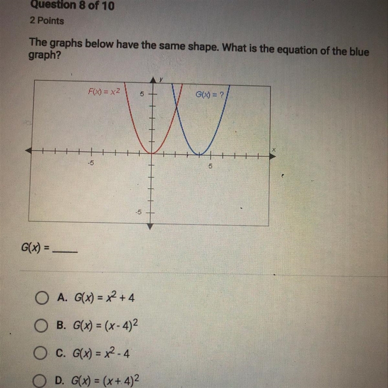 The graph below has the same shape. What is the equation of the blue graph????????-example-1