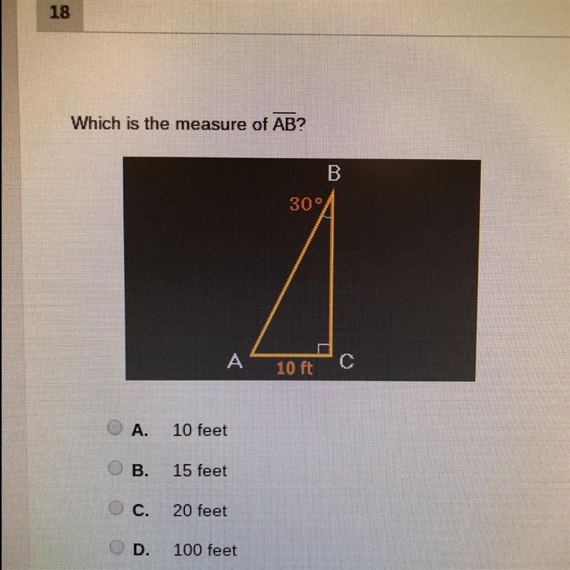 Which is the measure of AB A. 10ft B. 15ft C. 20ft D. 100ft-example-1