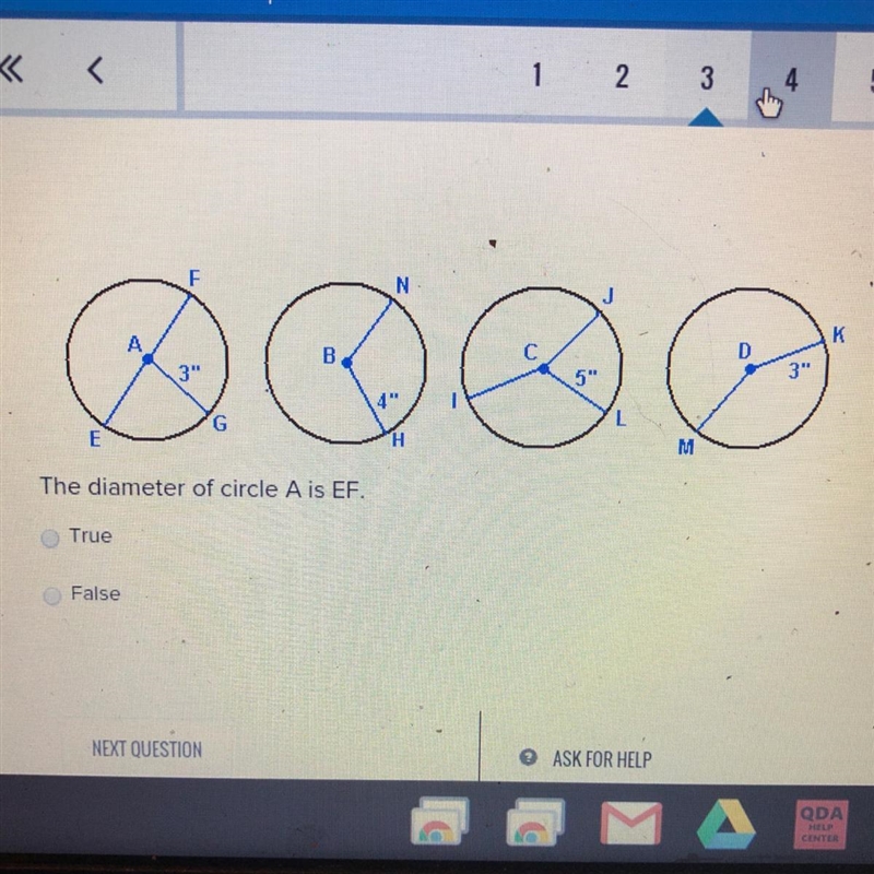 The diameter of circle A is EF. True False-example-1