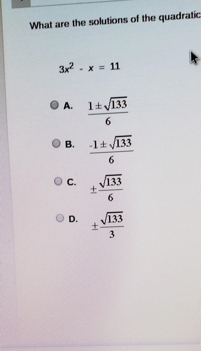 What are the solutions of tye quadratic equation below 3x²-x=11 ​-example-1