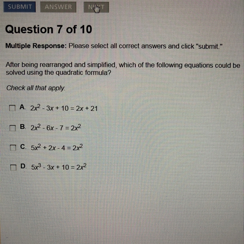 After being rearranged and simplified, which of the following equations could be solved-example-1