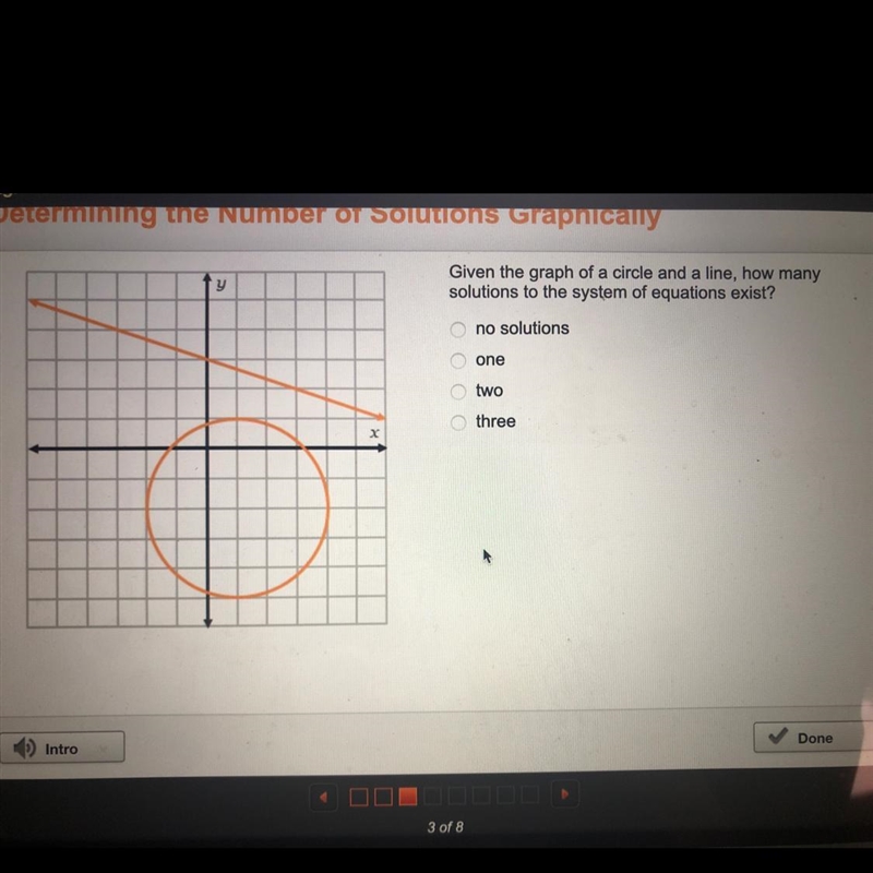 Given the graph of a circle and a line, how many solutions to the system of equations-example-1