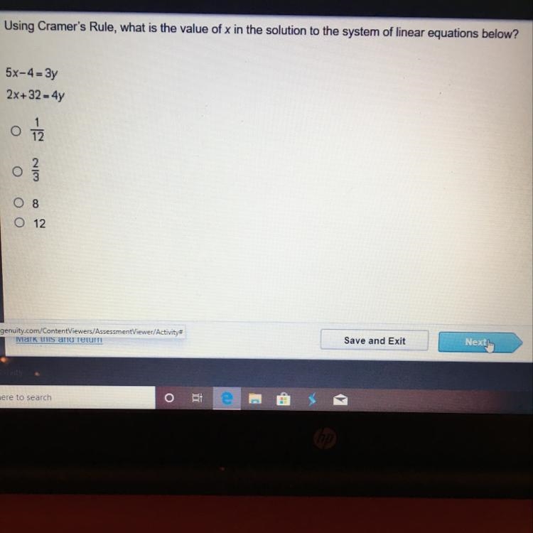 Using Cramer's Rule, what is the value of x in the solution to the system of linear-example-1