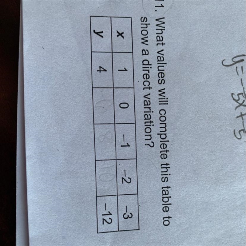 What values will complete this table to show direct variation? Help! And quick!!!-example-1