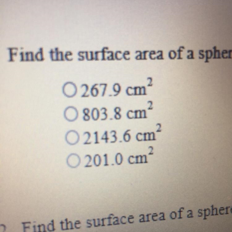 Find the surface area of a sphere with a radius of 8 cm-example-1