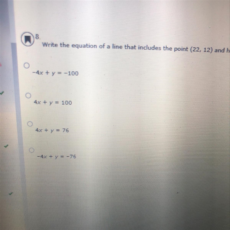 Wrote the equation of a line that includes the point (22,12) and has a slope of 4 in-example-1