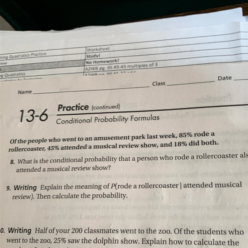 What is the conditional probability that a person who rode a rollercoaster also attended-example-1