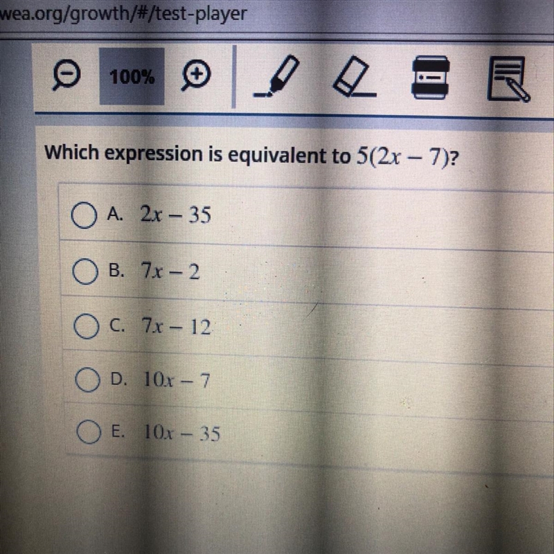 Which expression is equivalent to 5(2x-7)?-example-1