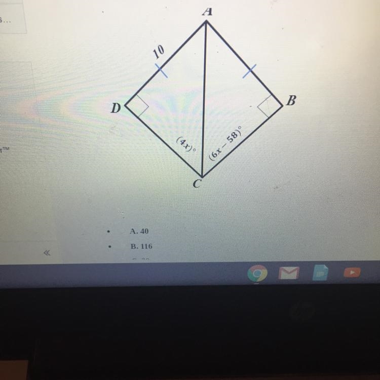 Find the value of x. A) 40, B) 116, C)29, D) 10-example-1