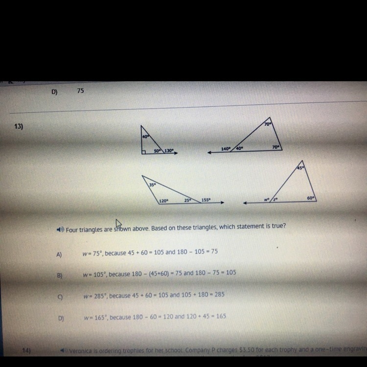 Four triangle are shown above based on these triangles which statement is true?-example-1