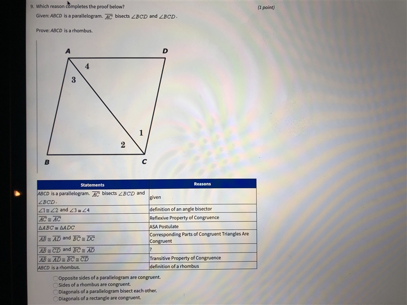 Which reason completes the proof below? A) opposite sides of a parallelogram are congruent-example-1