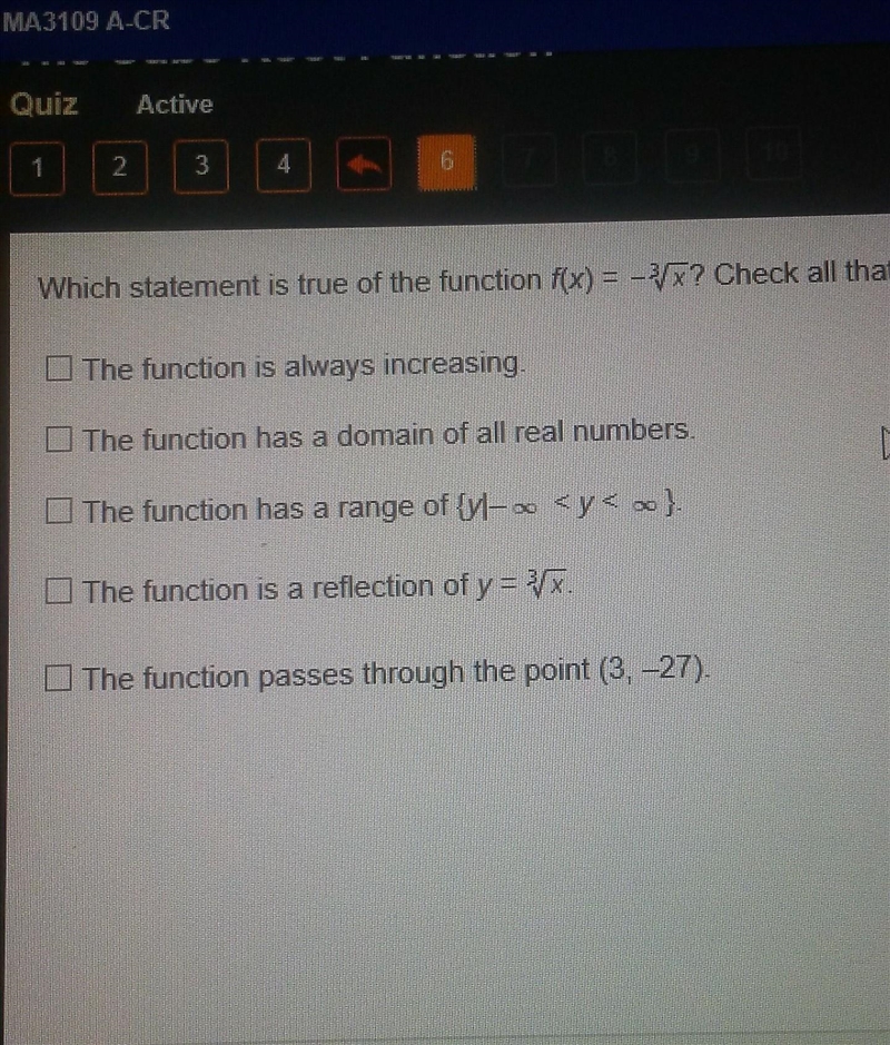 Which statement is true of the function f(x) = ^-3 sqr rt of X. check all that apply-example-1