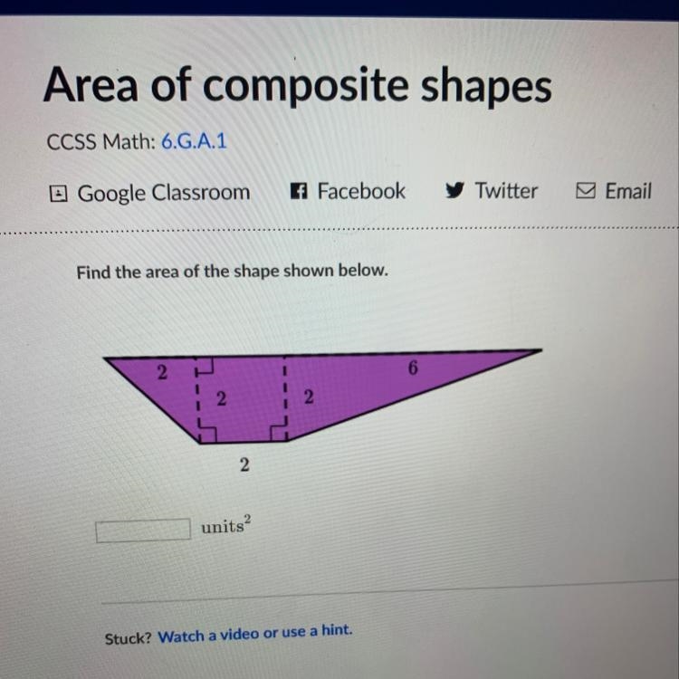 Find the area of the shape shown below-example-1