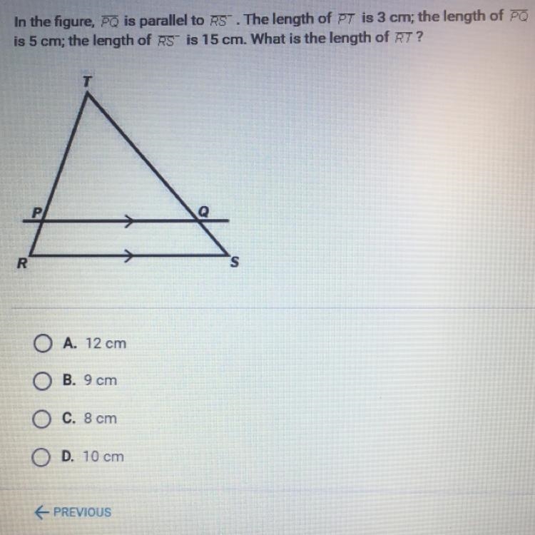 In the figure, FQ is parallel to RS". The length of PT is 3 cm; the length of-example-1