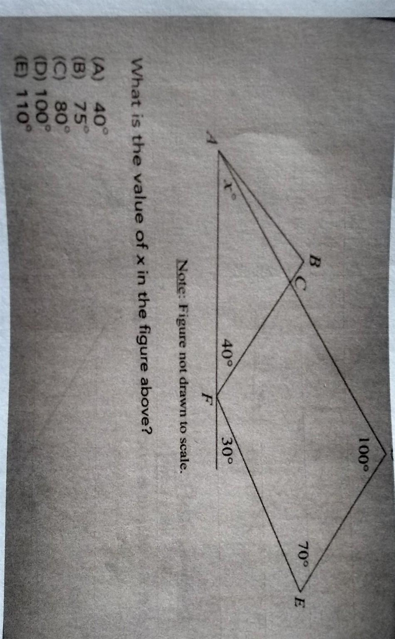 70 40° 30° Note: Figure not drawn to scale, What is the value of x in the figure above-example-1