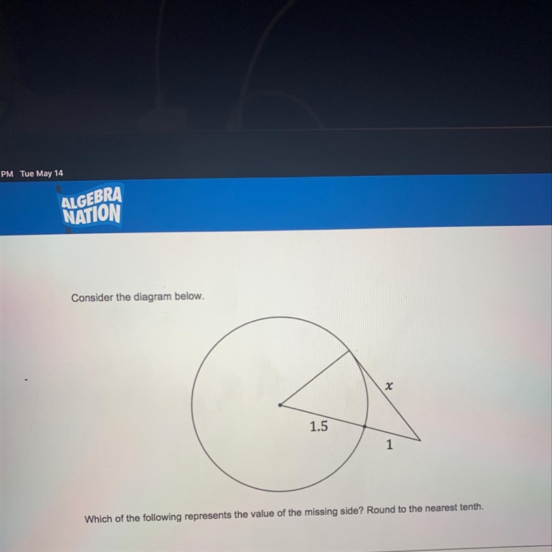 Which of the following represents the value of the missing side?-example-1