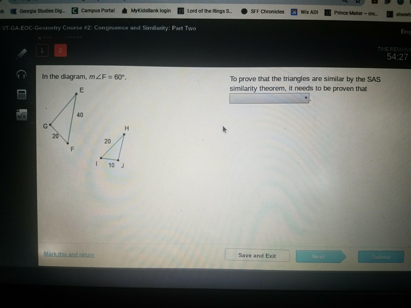 To prove that the triangles are similar by the SAS similarity theorem, it needs to-example-1