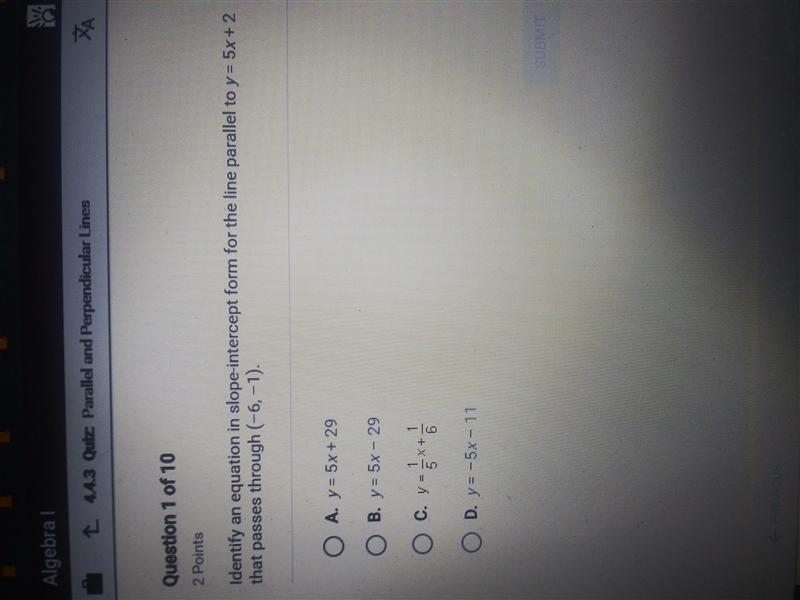 Identify an equation in slope-intercept form for thr line parallel to y=5x+2 that-example-1