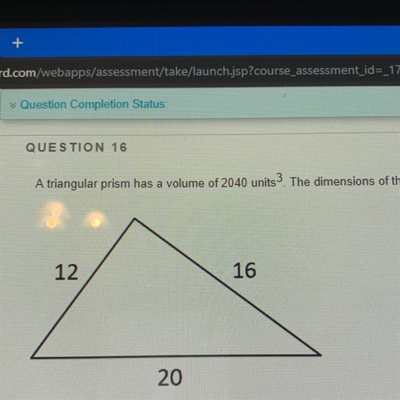 A triangular prism has a volume of 2040 units. The dimensions of the base of the prism-example-1