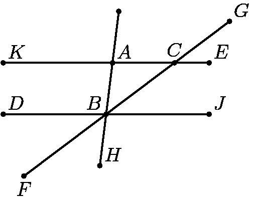 Given that DJ║KE, ∠DBF = 37°, and ∠angle ABC = 46°, find the measure of ∠GCE in degrees-example-1