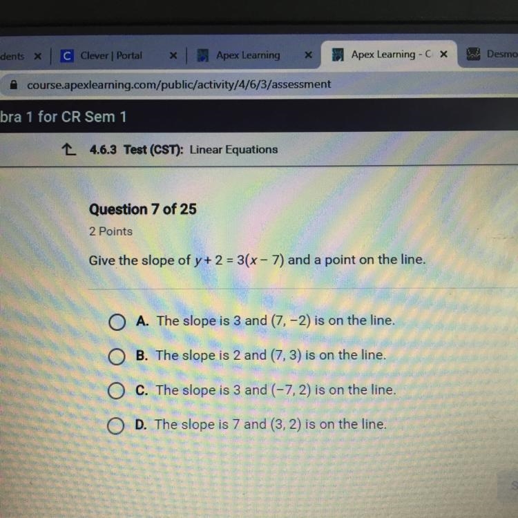 Give the slope of y+ 2 = 3(x-7) and a point on the line. A. The slope is 3 and (7.-2) is-example-1