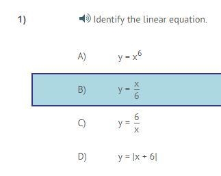 Identify the linear equation. A) y = x6 b) y=x/6 c) y=6/x d) y= |x+6 | )-example-1