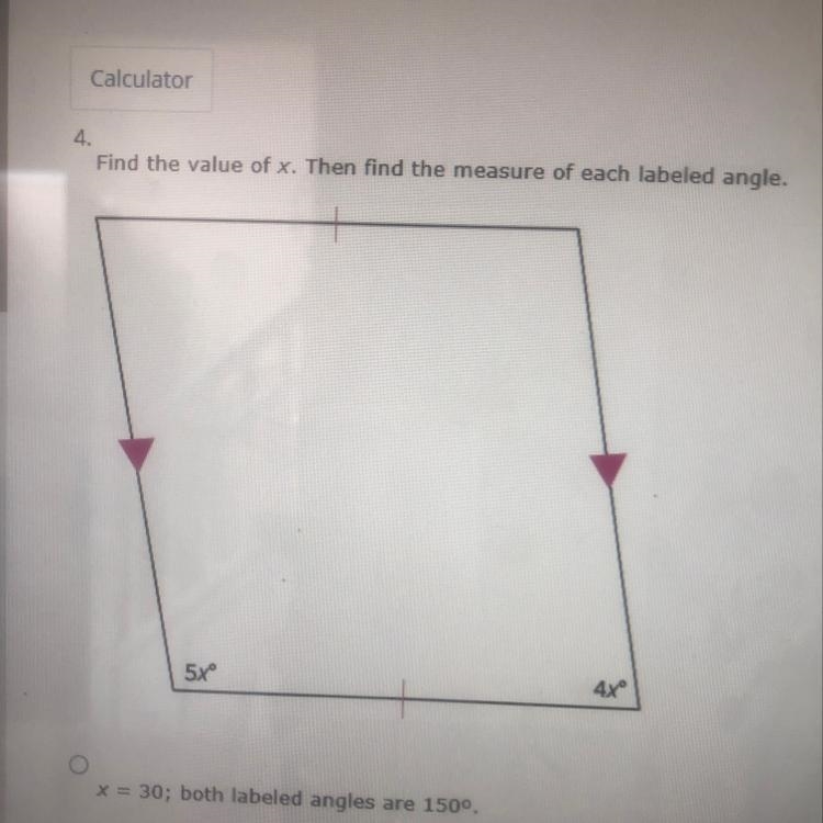 A. X=30 both angles are 150 degrees B. x=20 labeled angles are 80 degrees and 100 degrees-example-1